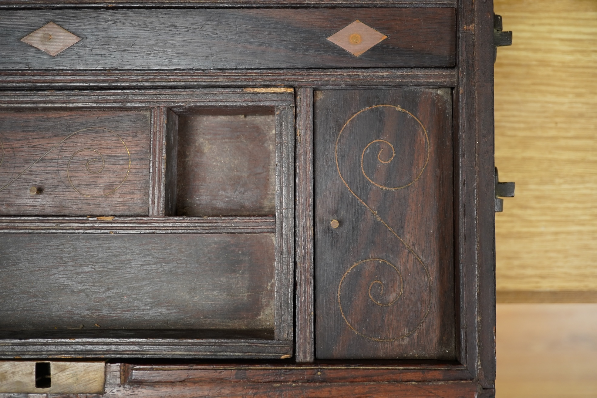 A 19th century brass inlay rosewood writing box an mahogany writing box, 42cm wide x 18cm high